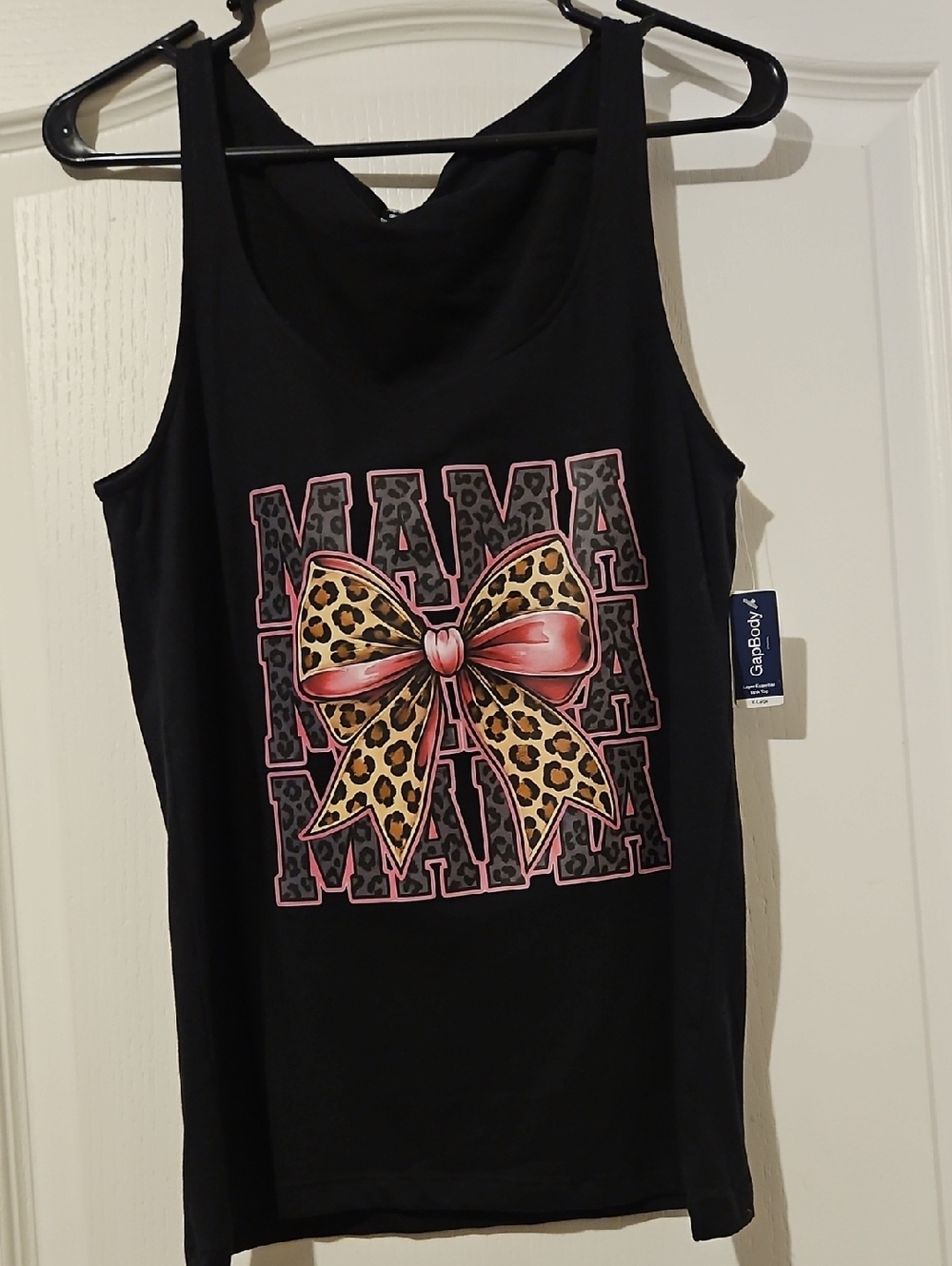 GAP Black Tank Top with Pink 'MAMA' Leopard Bow Graphic